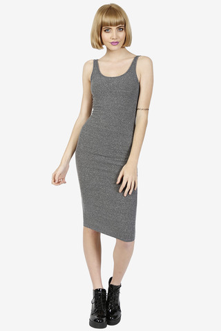Heathered Grey Ribbed Basic Midi Dress