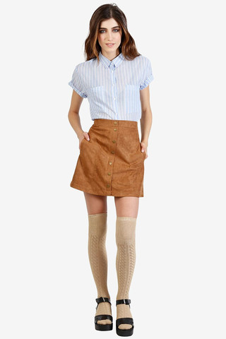 Faux Suede Button Down Skirt - Tan