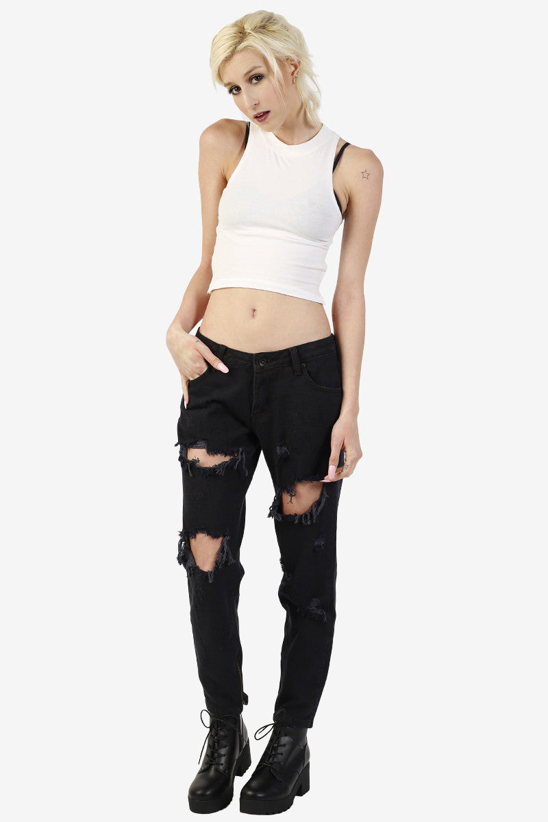 Zip Bottom Destroyed Black Denim Zip Bottom Destroyed Black Denim