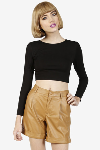 Pleather High Waist Pleat Shorts - Tan
