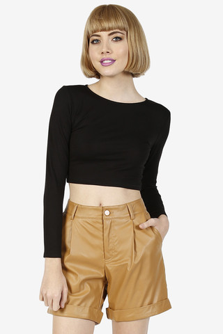 Pleather High Waist Pleat Shorts - Tan