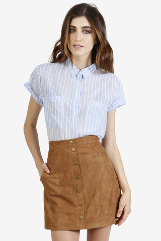 Faux Suede Button Down Skirt - Tan