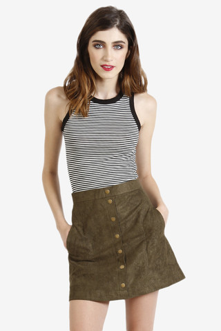 Faux Suede Button Down Skirt - Olive
