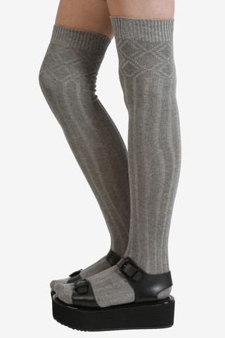 Grey Cable Knit Thigh High Socks
