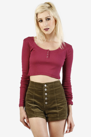 Cropped Henley Long Sleeve - Berry
