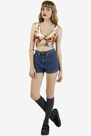 Velvet Floral V-Neck Crop Tank - Ivory