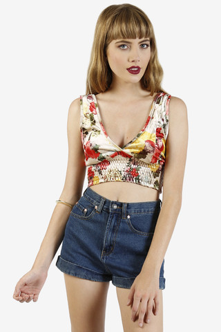 Velvet Floral V-Neck Crop Tank - Ivory